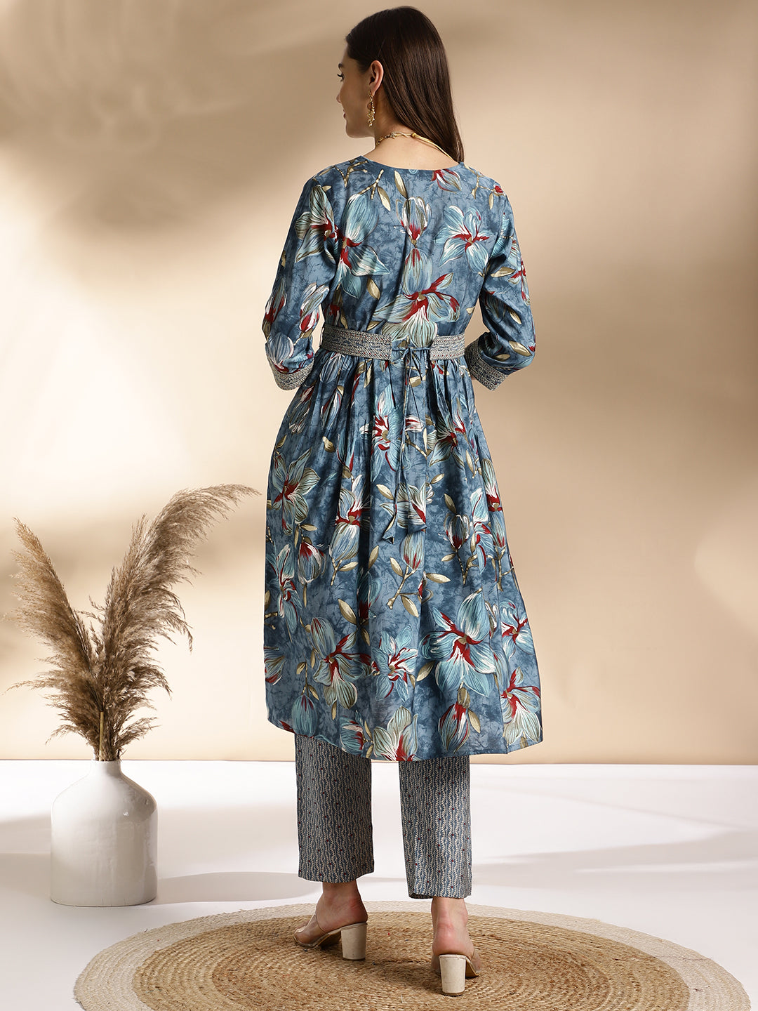 Floral Embellished Blue Kurti with Printed Pants