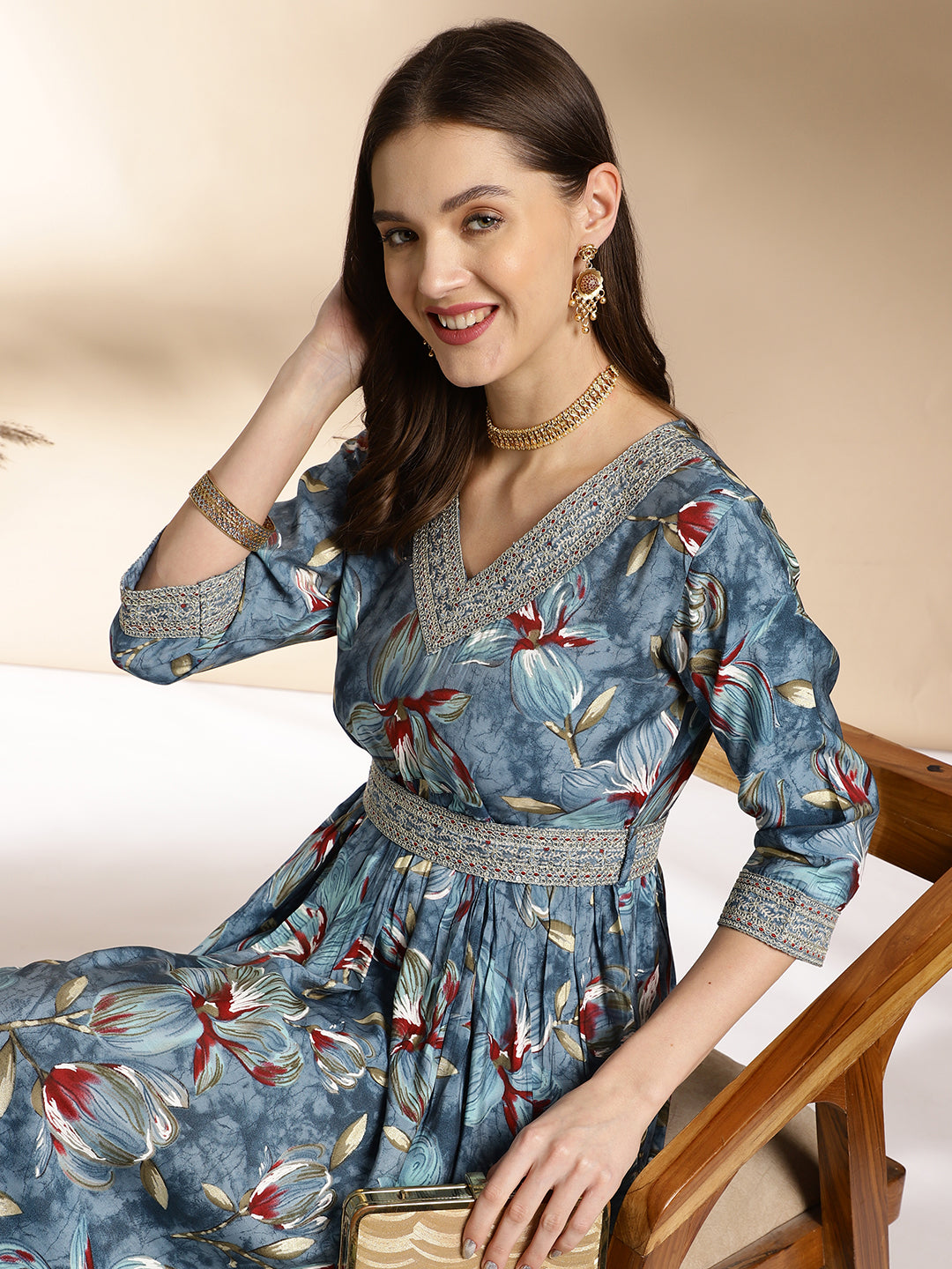 Floral Embellished Blue Kurti with Printed Pants