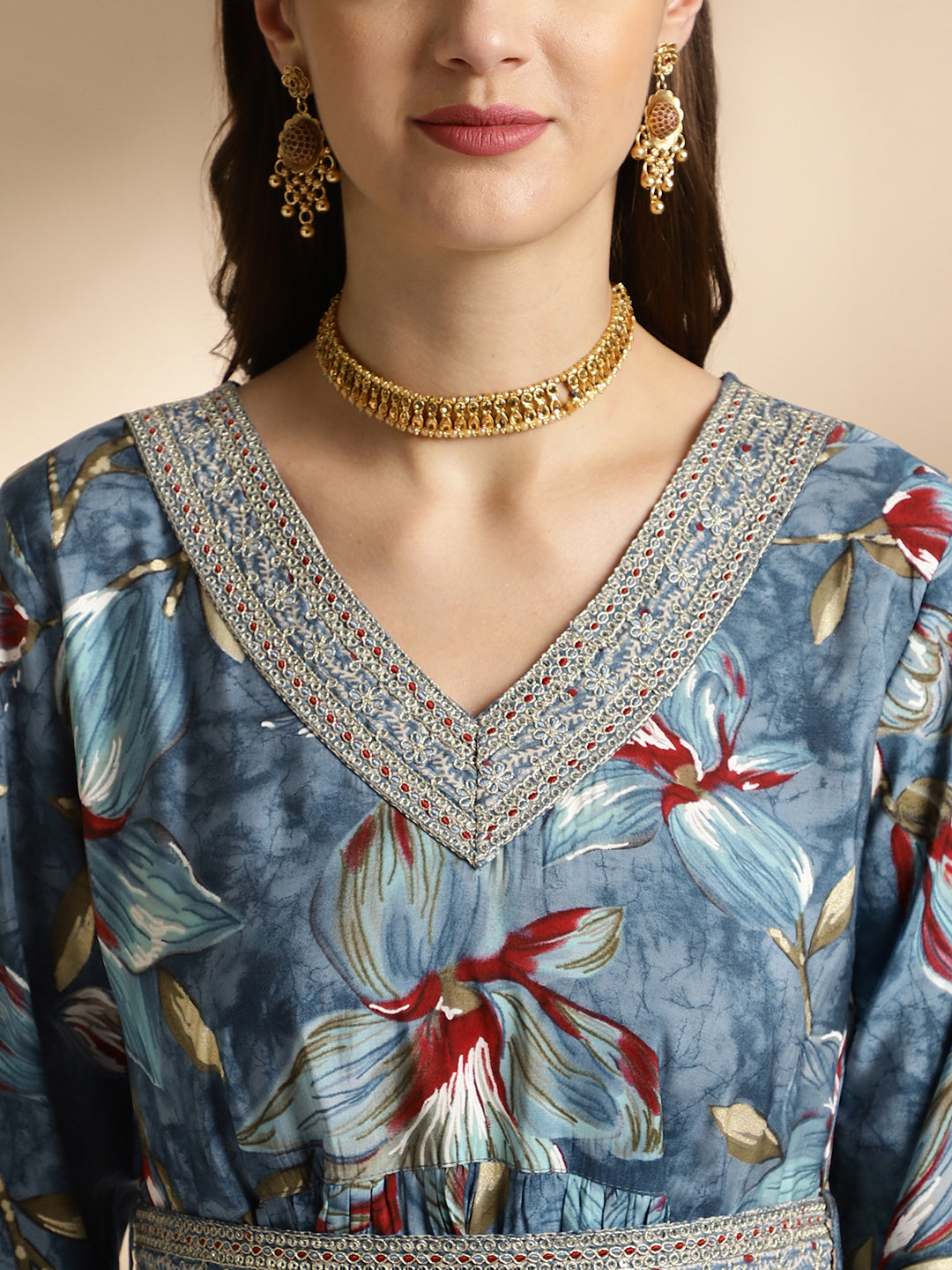 Floral Embellished Blue Kurti with Printed Pants