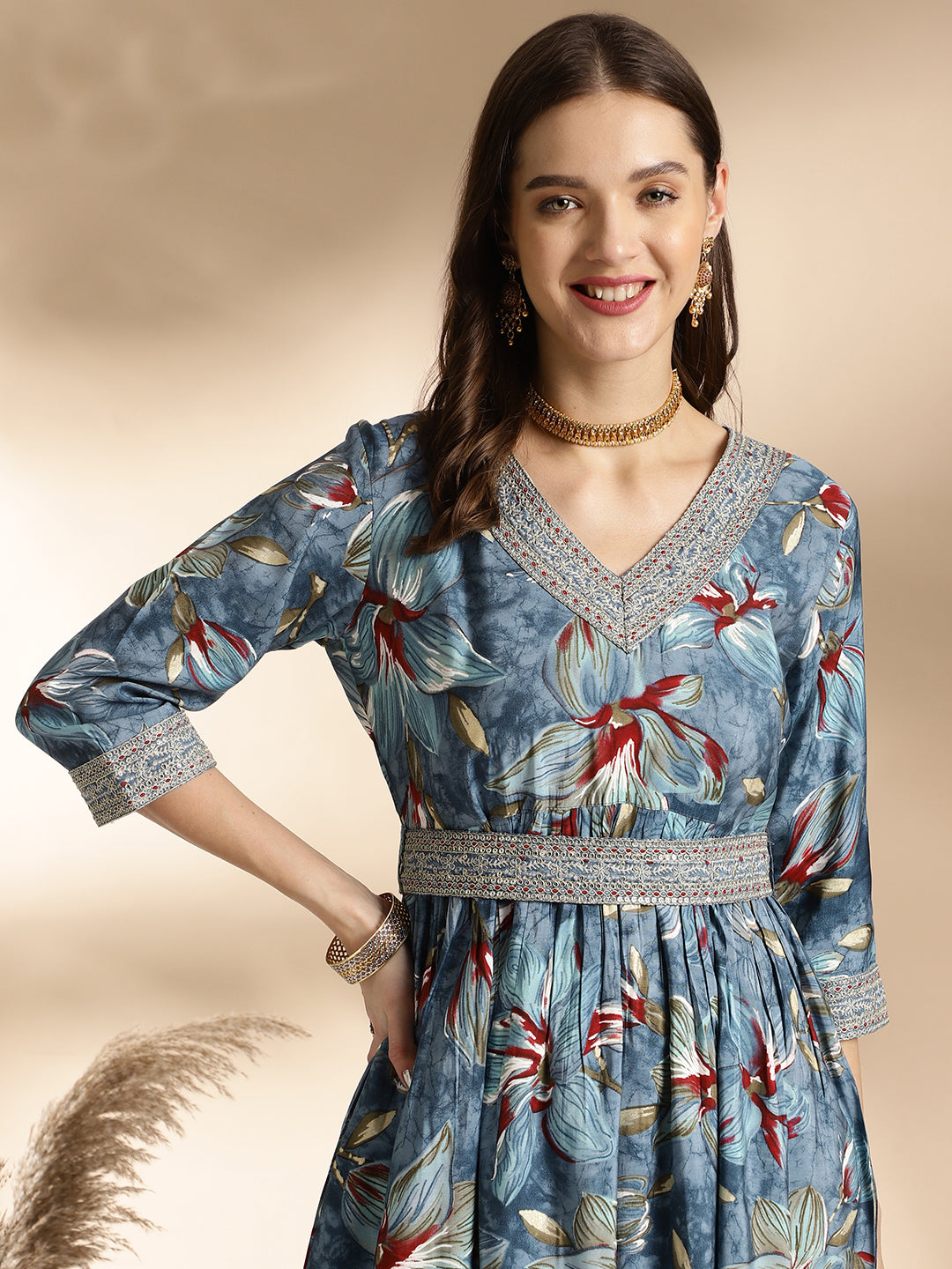 Floral Embellished Blue Kurti with Printed Pants