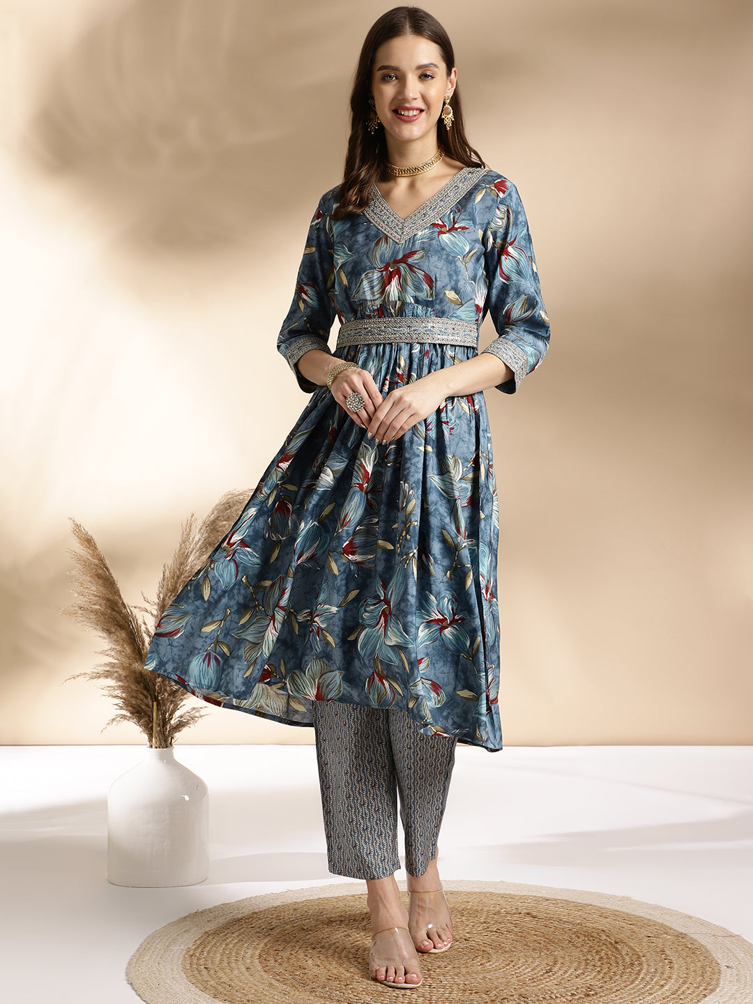 Floral Embellished Blue Kurti with Printed Pants