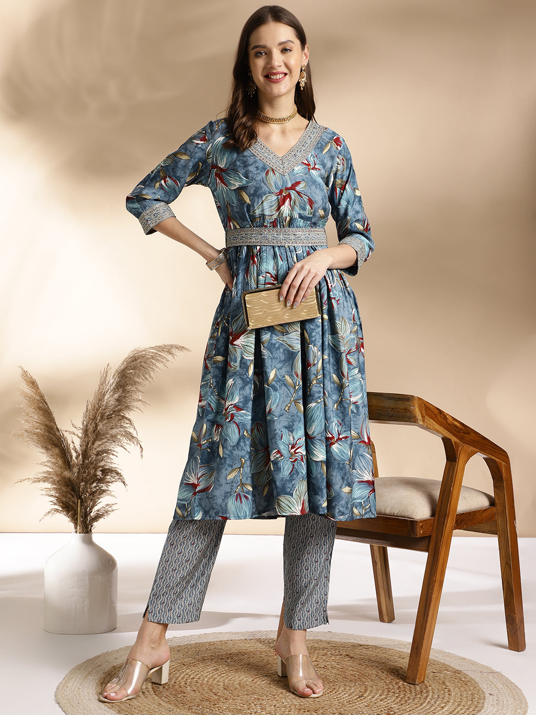 Floral Embellished Blue Kurti with Printed Pants