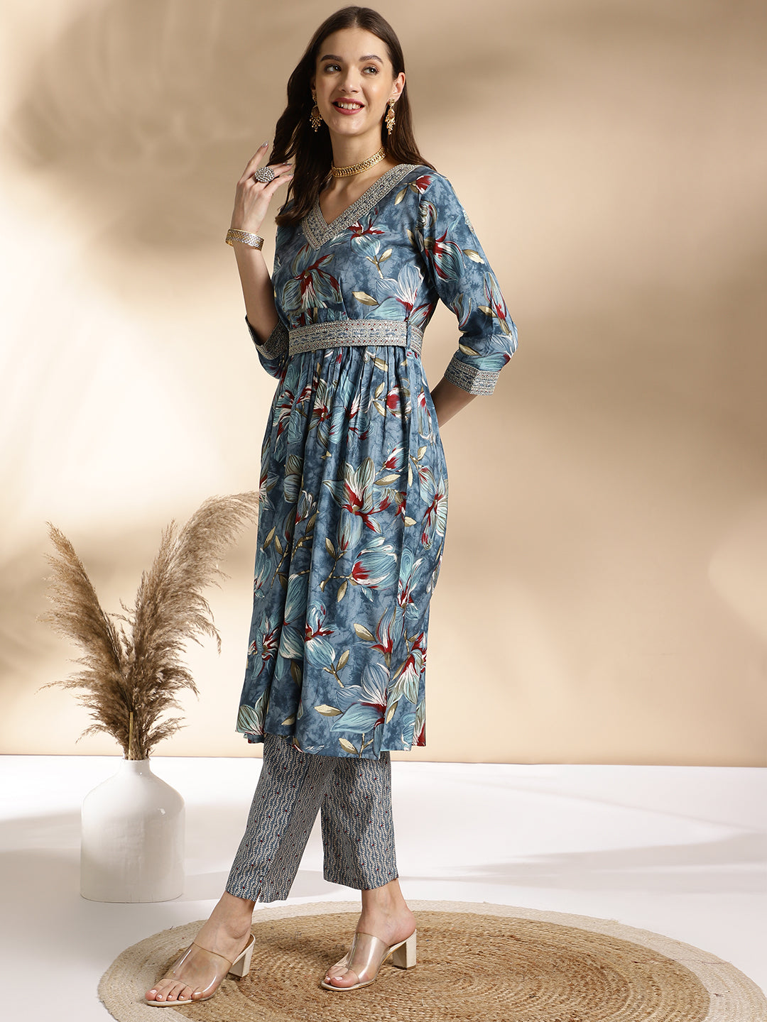 Floral Embellished Blue Kurti with Printed Pants