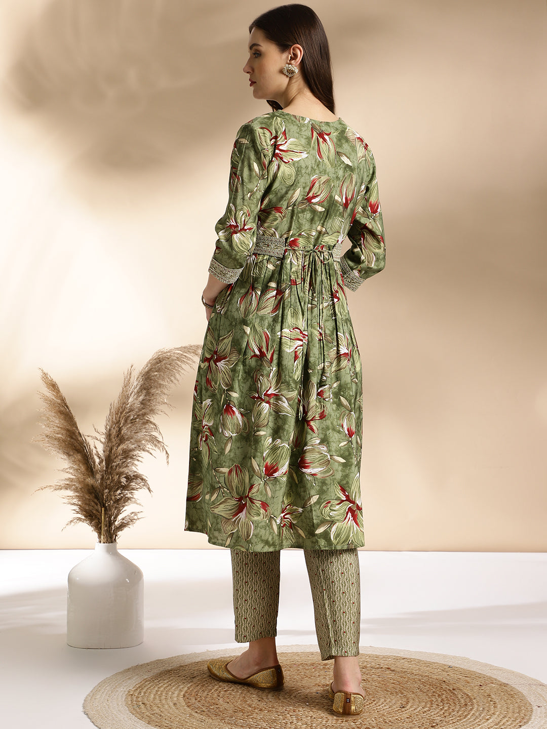 Elegant Olive Green Floral Kurta Set with Embellished Details