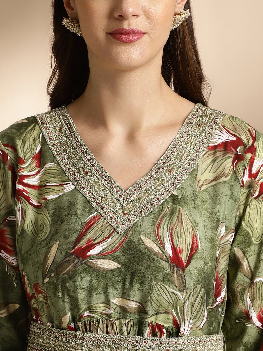 Elegant Olive Green Floral Kurta Set with Embellished Details