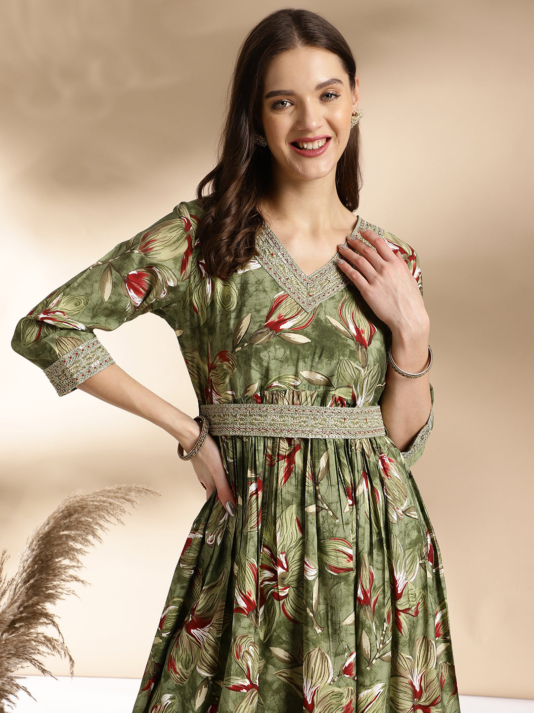 Elegant Olive Green Floral Kurta Set with Embellished Details