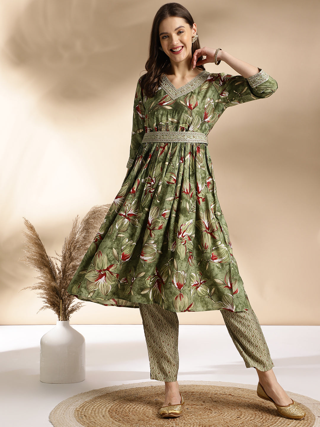 Elegant Olive Green Floral Kurta Set with Embellished Details