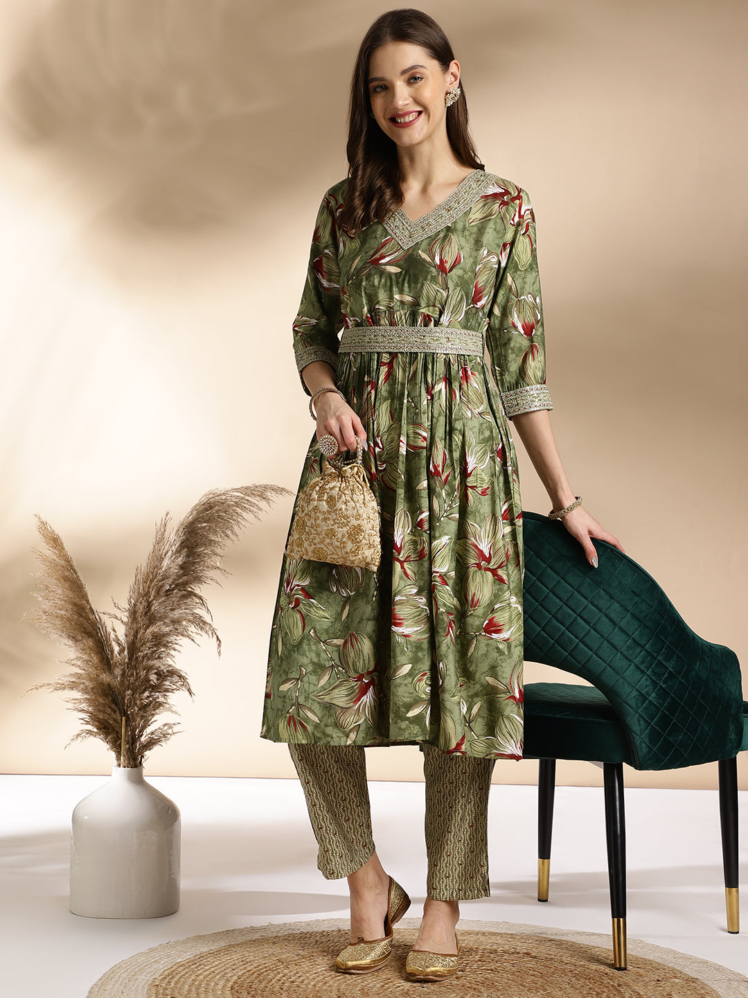 Elegant Olive Green Floral Kurta Set with Embellished Details
