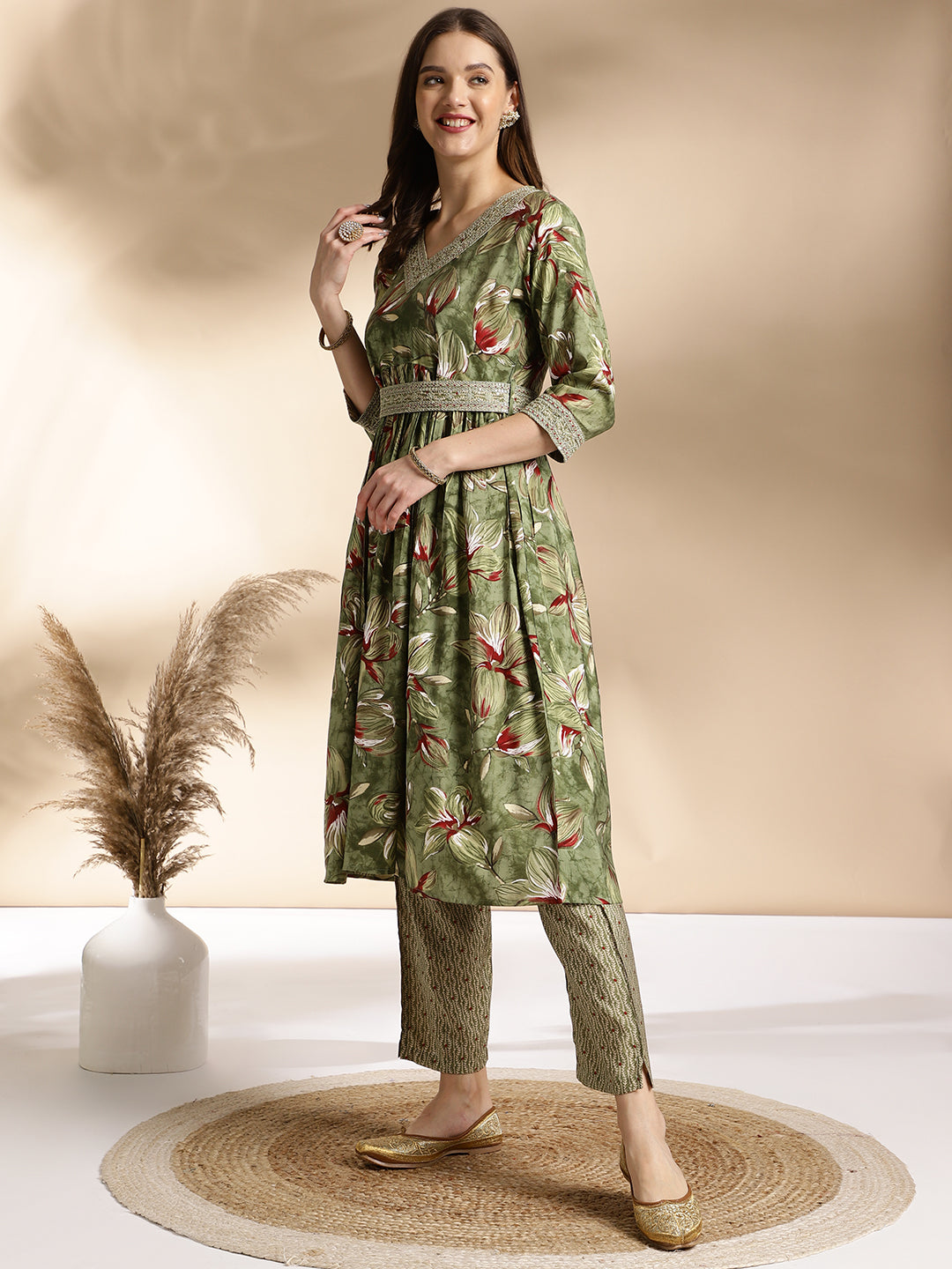 Elegant Olive Green Floral Kurta Set with Embellished Details