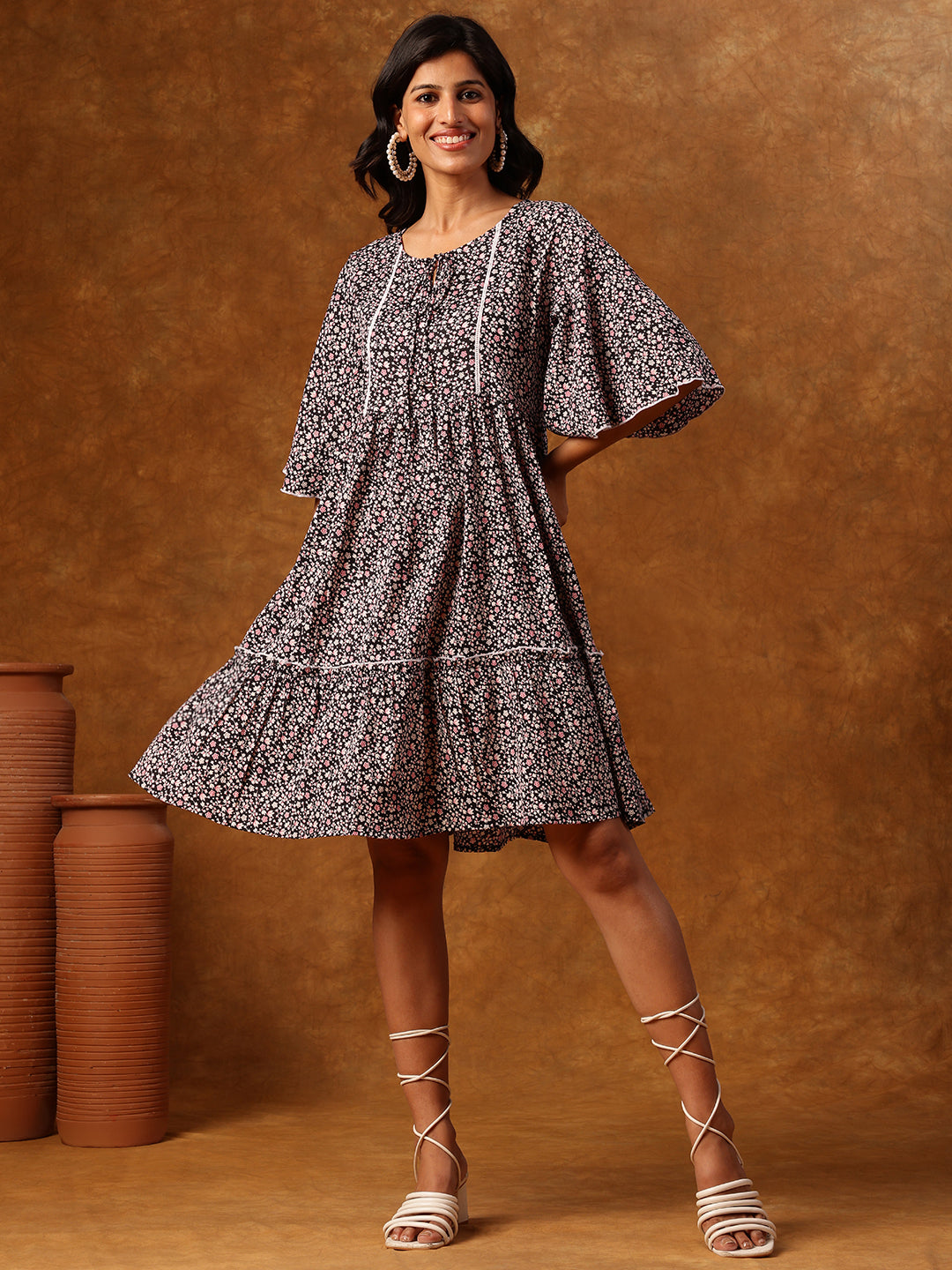 Black Floral Printed Short Dress with Flared Sleeves & Tiered Hemline