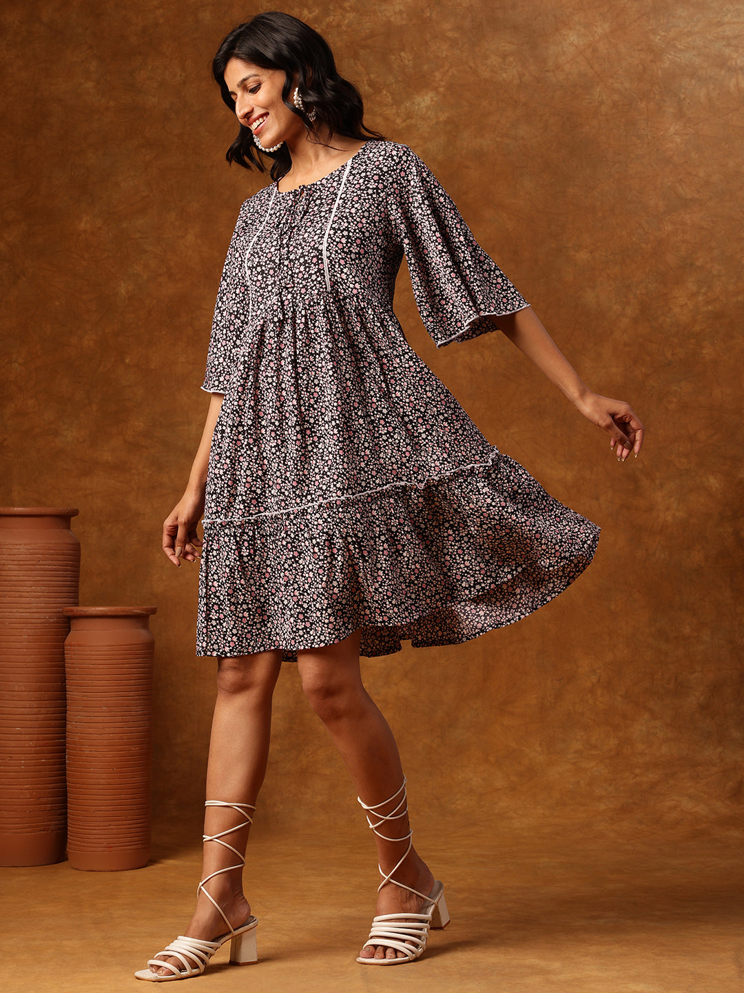 Black Floral Printed Short Dress with Flared Sleeves & Tiered Hemline