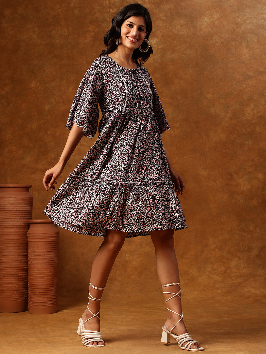 Black Floral Printed Short Dress with Flared Sleeves & Tiered Hemline