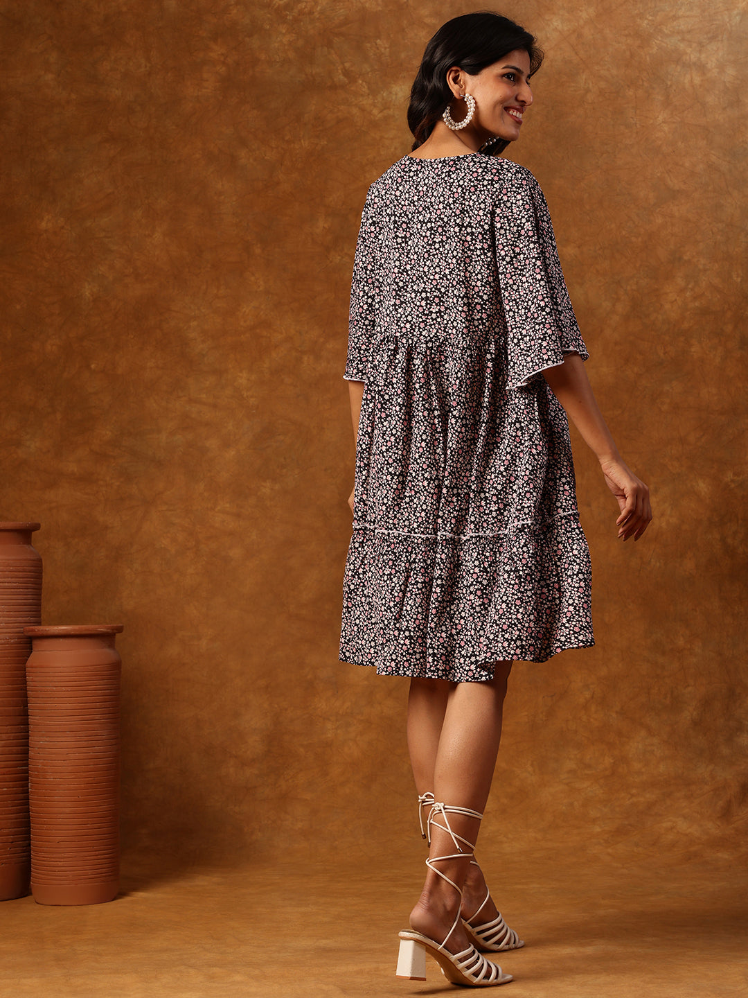 Black Floral Printed Short Dress with Flared Sleeves & Tiered Hemline