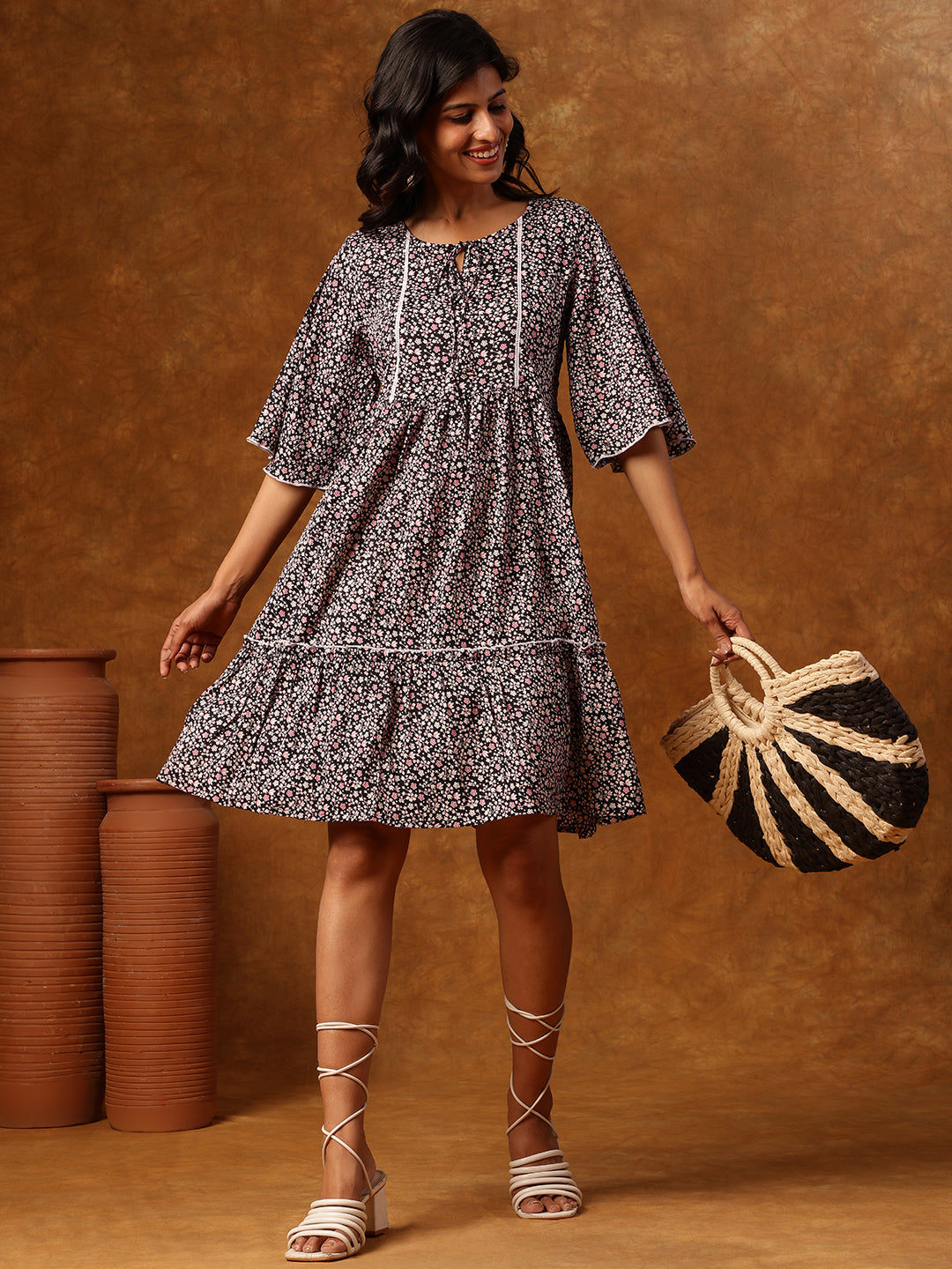 Black Floral Printed Short Dress with Flared Sleeves & Tiered Hemline