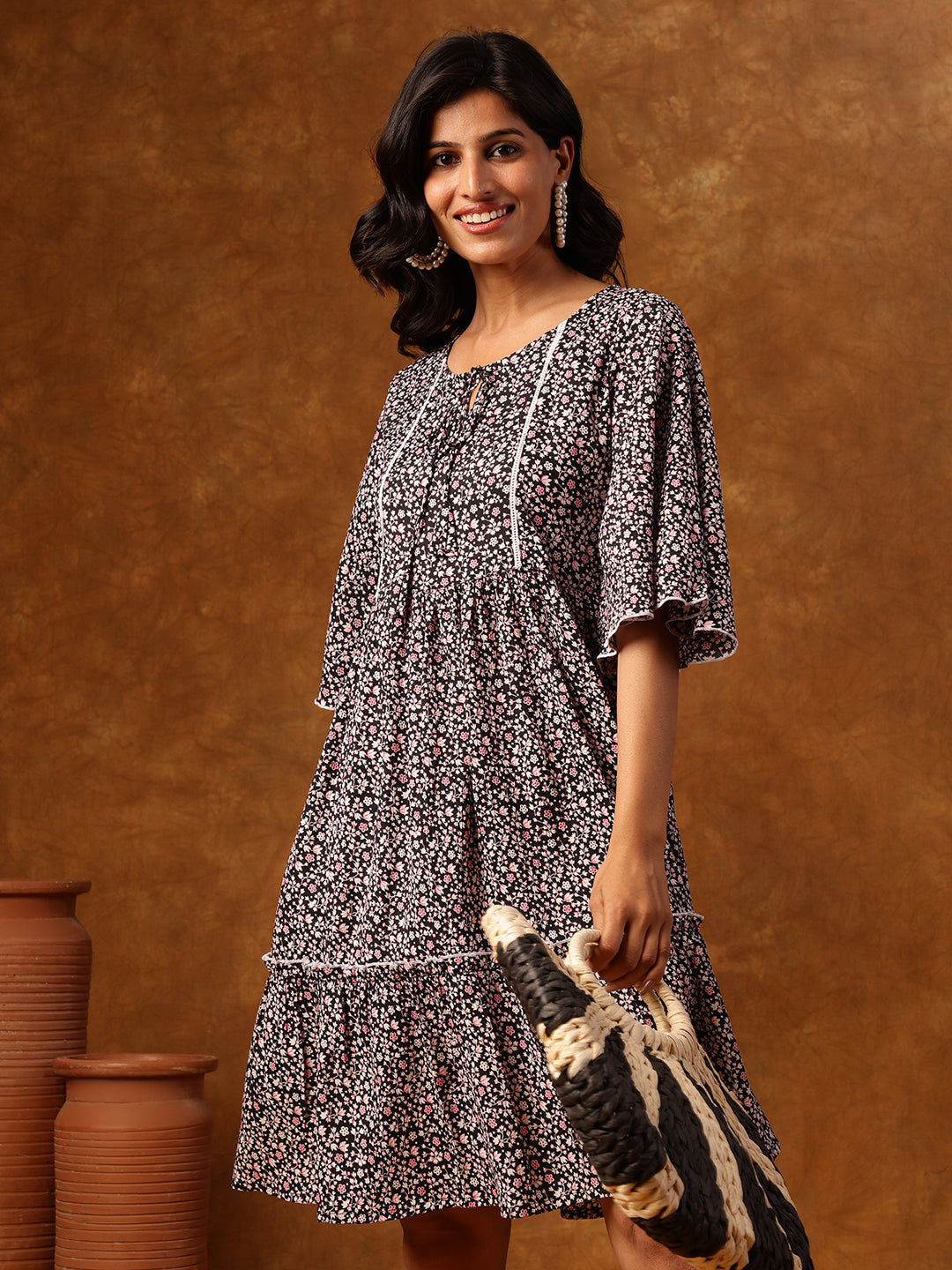 Black Floral Printed Short Dress with Flared Sleeves & Tiered Hemline