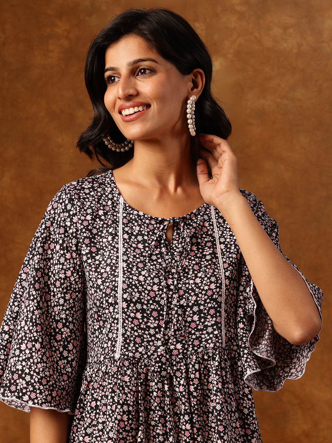 Black Floral Printed Short Dress with Flared Sleeves & Tiered Hemline