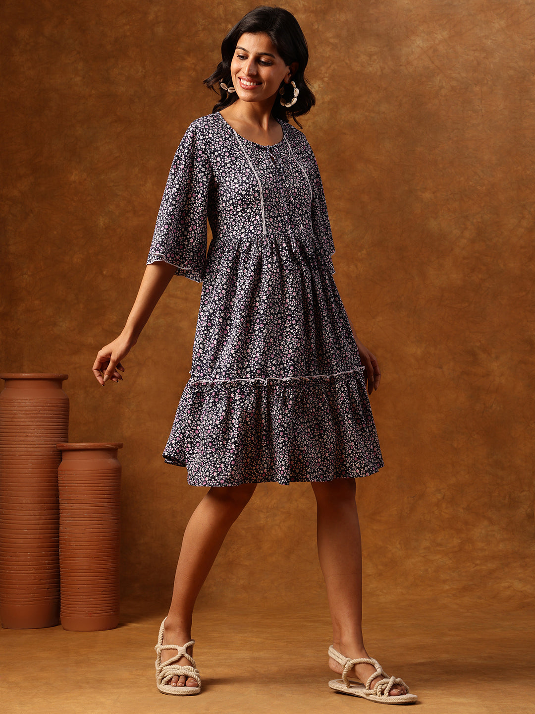 Navy Floral Printed Short Dress with Flared Sleeves & Tiered Hemline