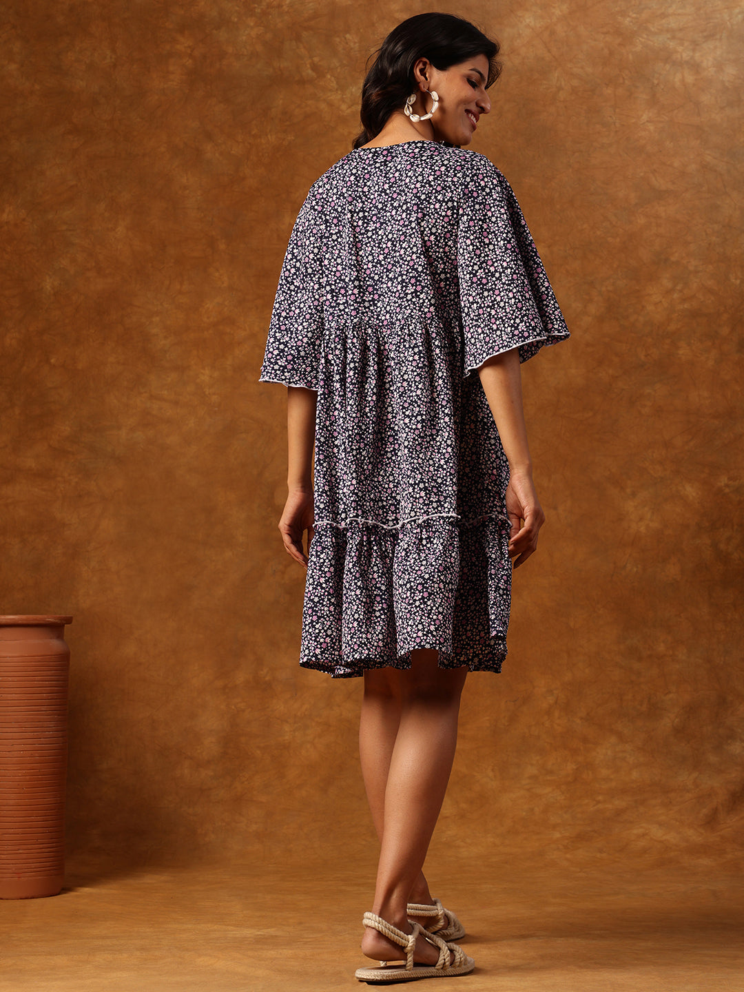 Navy Floral Printed Short Dress with Flared Sleeves & Tiered Hemline