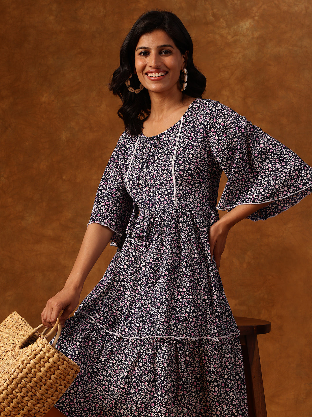 Navy Floral Printed Short Dress with Flared Sleeves & Tiered Hemline