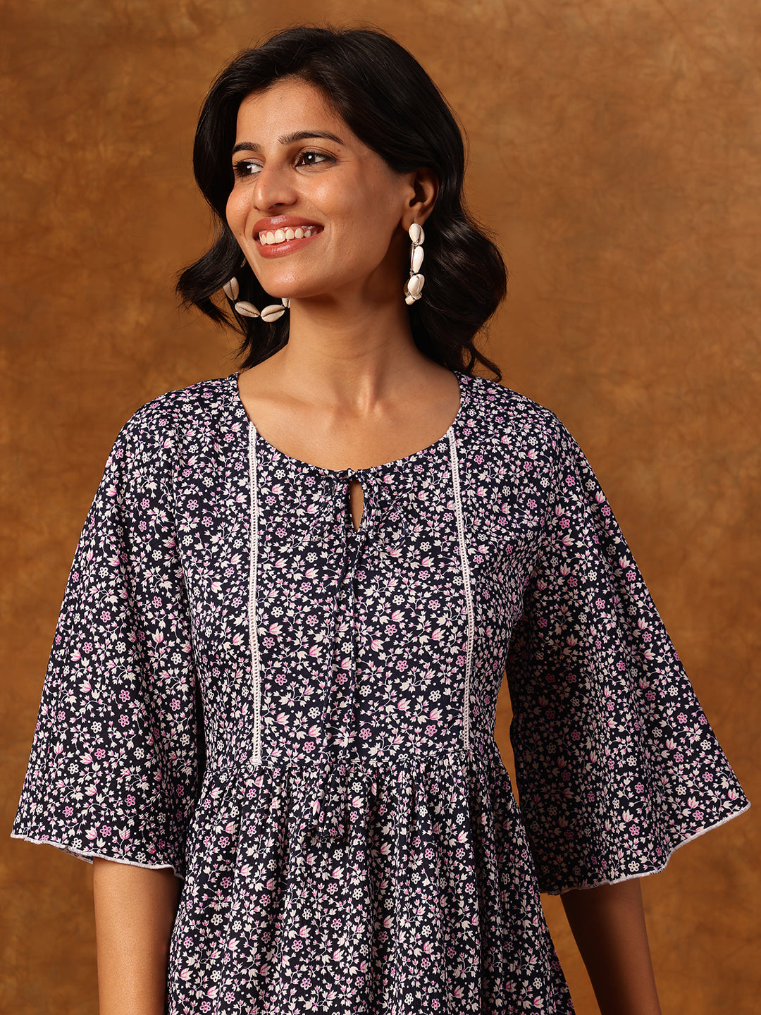 Navy Floral Printed Short Dress with Flared Sleeves & Tiered Hemline