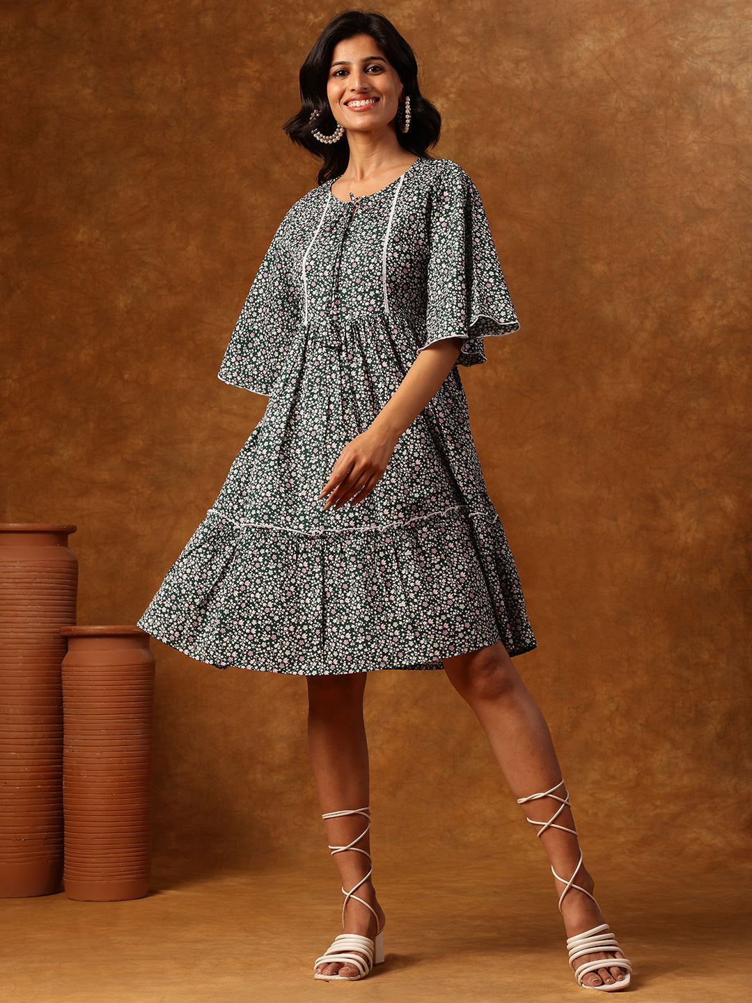 Green Floral Printed Short Dress with Flared Sleeves & Tiered Hemline