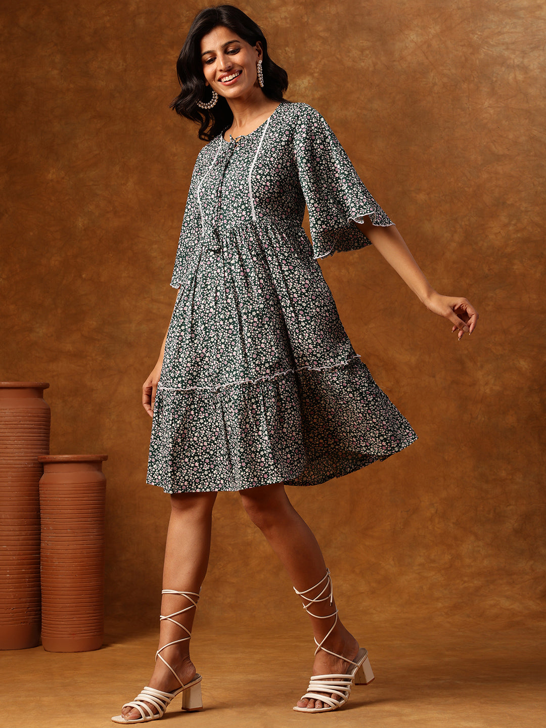 Green Floral Printed Short Dress with Flared Sleeves & Tiered Hemline