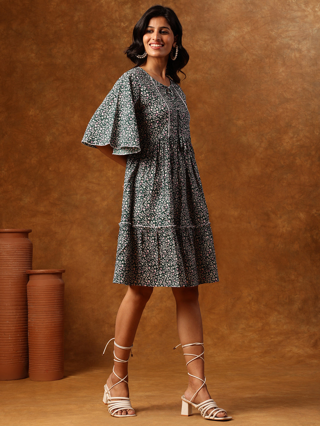 Green Floral Printed Short Dress with Flared Sleeves & Tiered Hemline