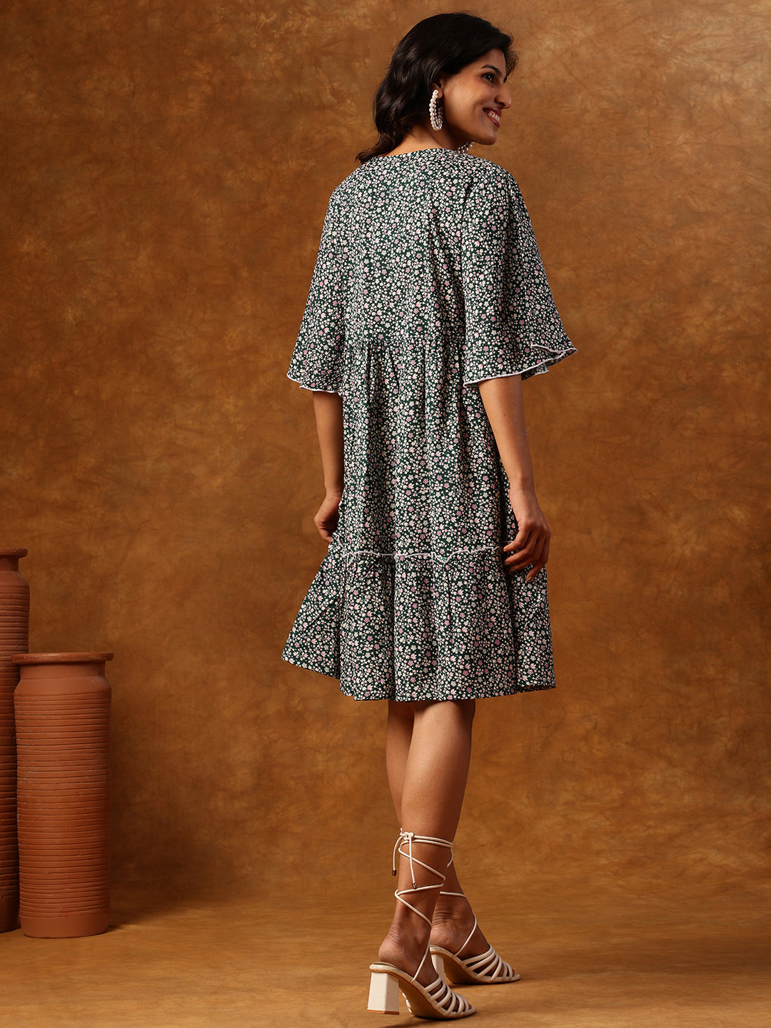 Green Floral Printed Short Dress with Flared Sleeves & Tiered Hemline