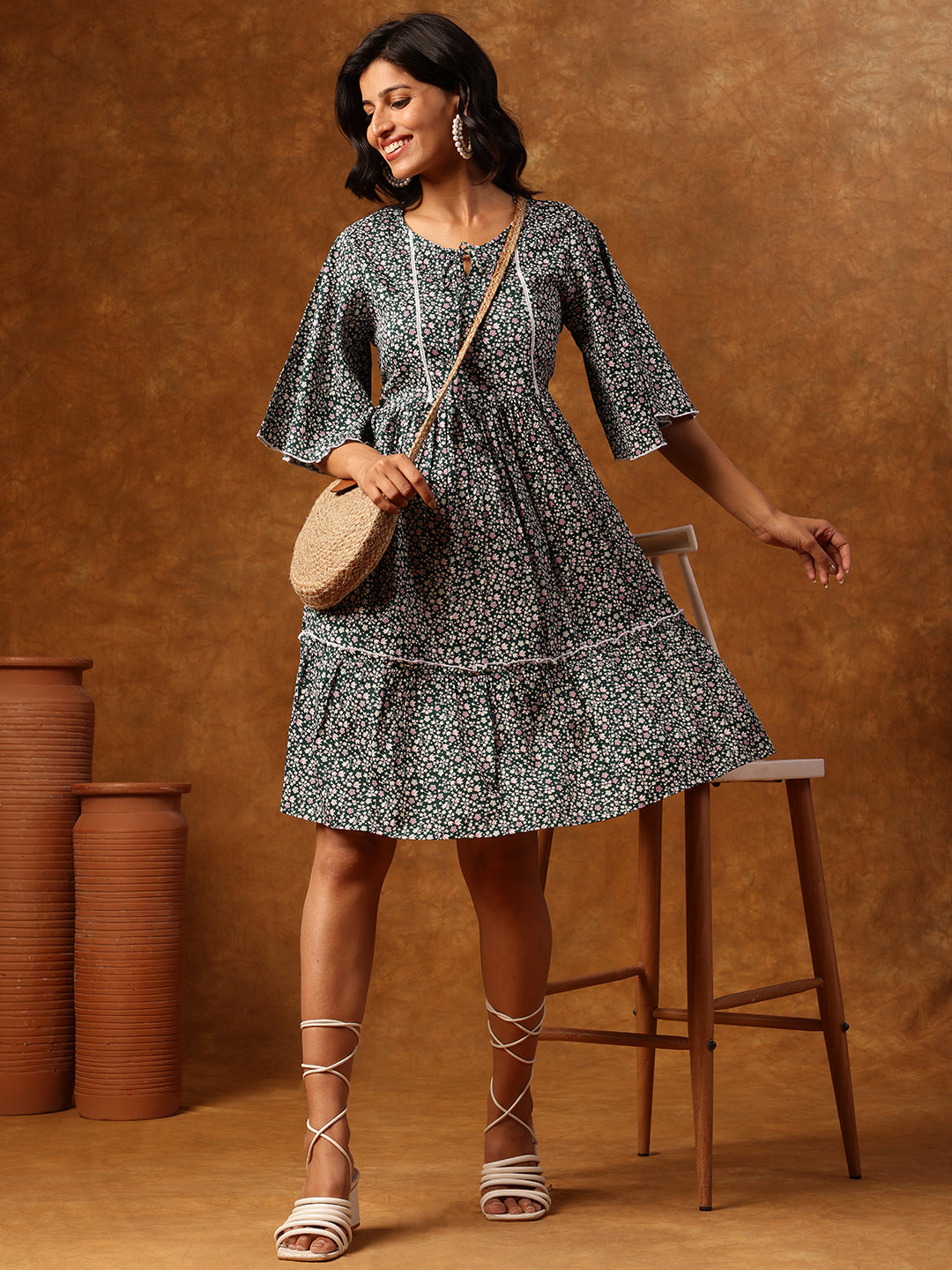 Green Floral Printed Short Dress with Flared Sleeves & Tiered Hemline