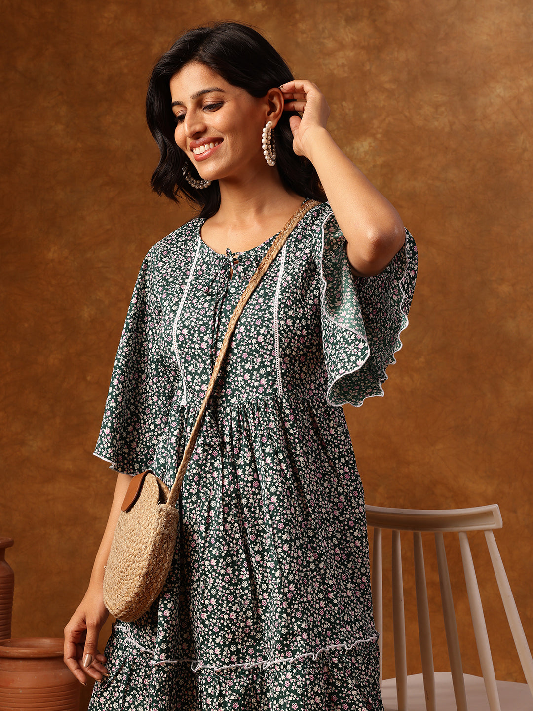 Green Floral Printed Short Dress with Flared Sleeves & Tiered Hemline