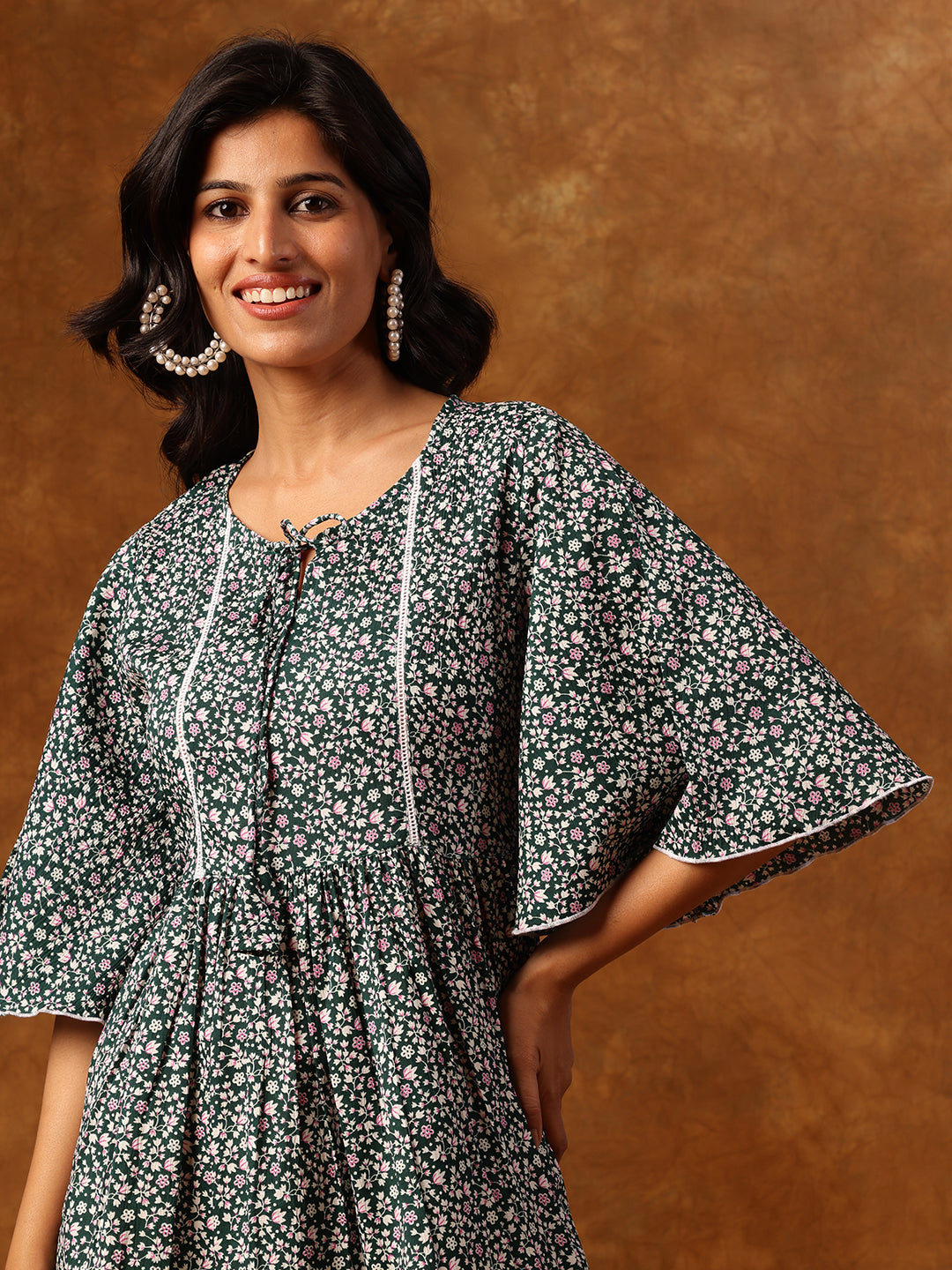 Green Floral Printed Short Dress with Flared Sleeves & Tiered Hemline