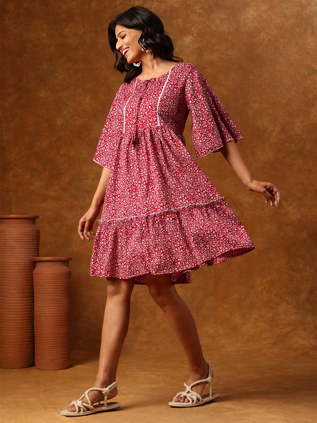 Maroon Floral Printed Short Dress with Flared Sleeves & Tiered Hemline