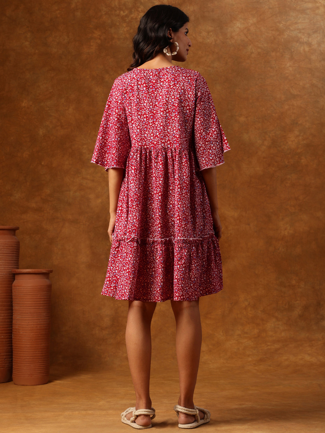 Maroon Floral Printed Short Dress with Flared Sleeves & Tiered Hemline
