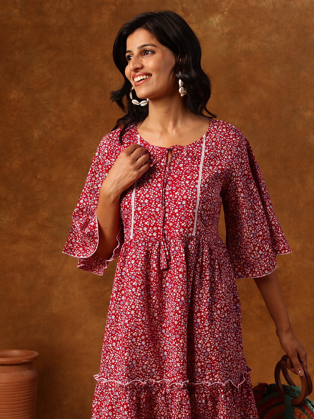 Maroon Floral Printed Short Dress with Flared Sleeves & Tiered Hemline