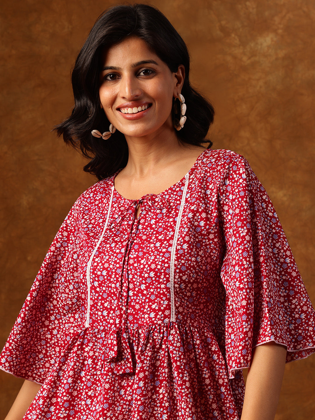 Maroon Floral Printed Short Dress with Flared Sleeves & Tiered Hemline