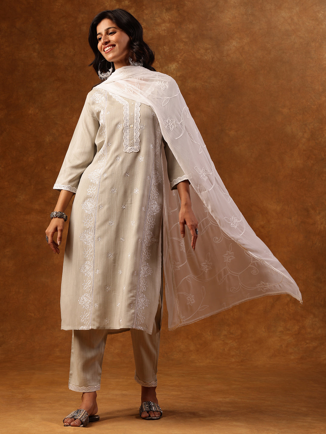 Elegant Grey Embroidered Straight Kurta Set With Dupatta