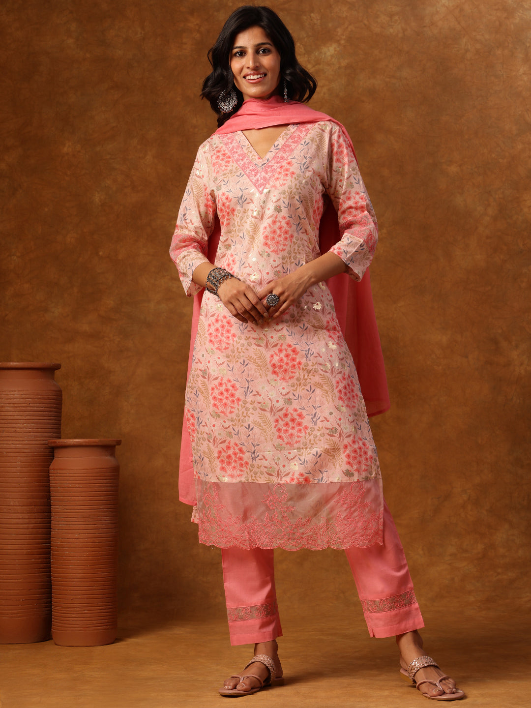 Pink Floral Printed Kurta Set with Embroidered Hem & Dupatta