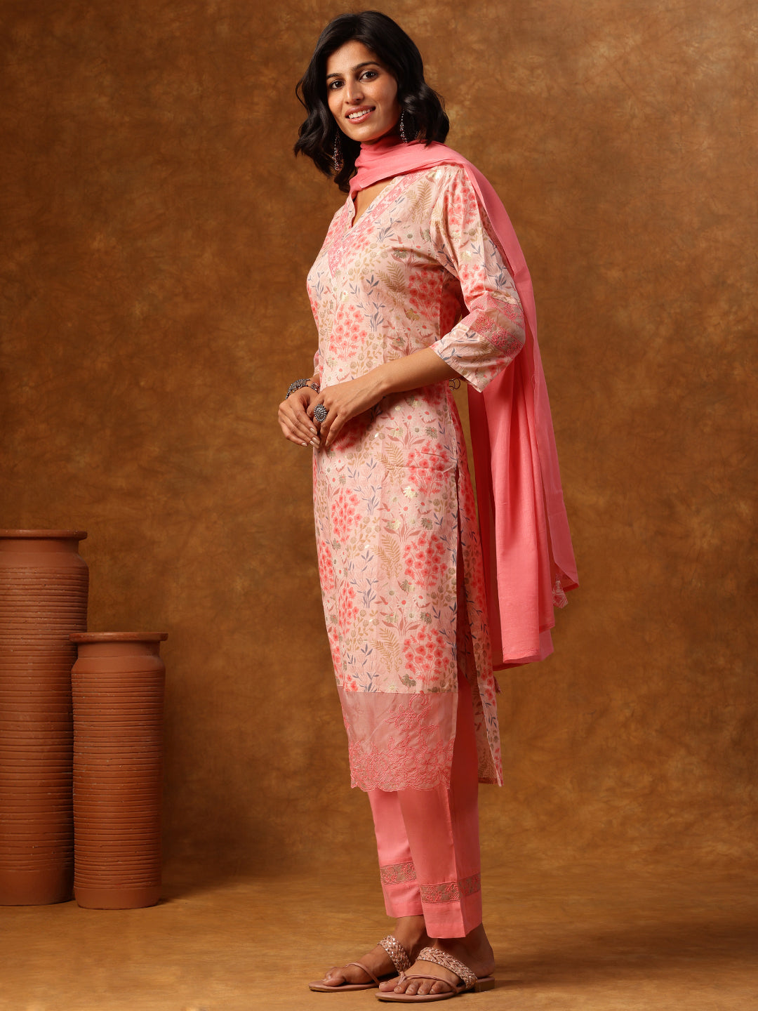 Pink Floral Printed Kurta Set with Embroidered Hem & Dupatta
