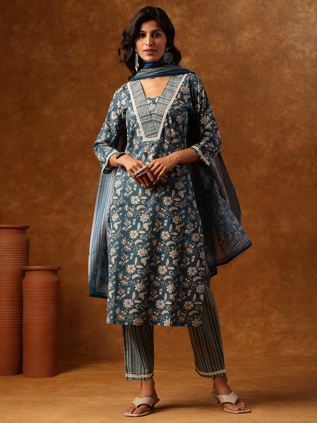 Elegant Teal Floral Printed Cotton Kurta Set with Dupatta