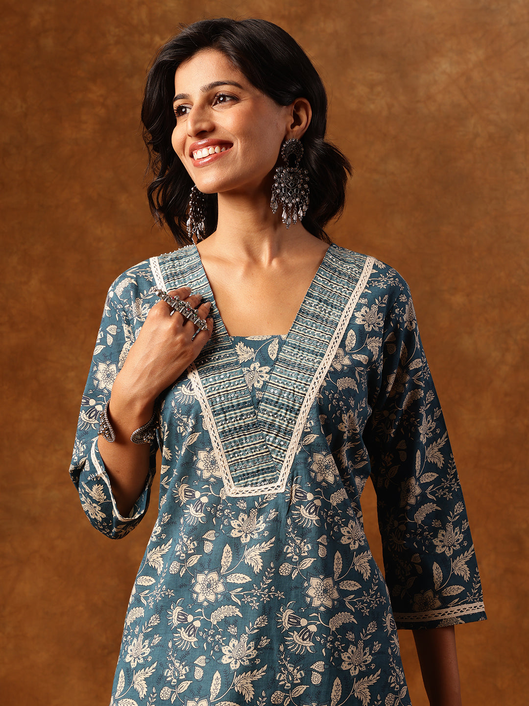 Elegant Teal Floral Printed Cotton Kurta Set with Dupatta
