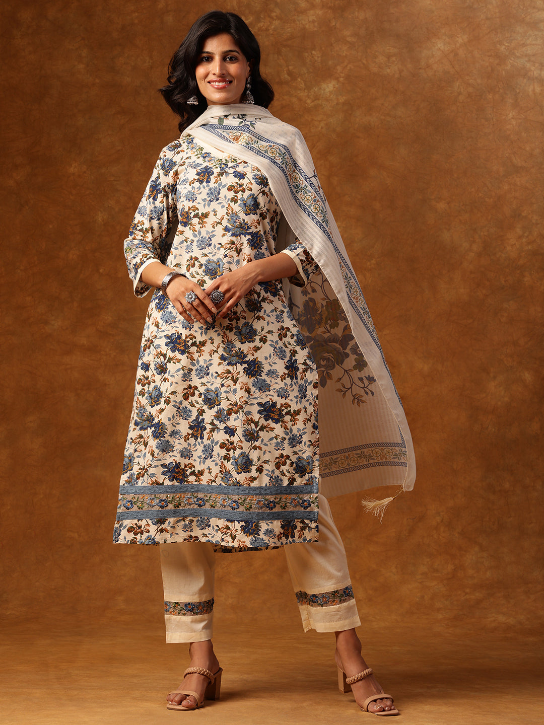Elegant Floral Printed Cotton Kurta Set with Dupatta