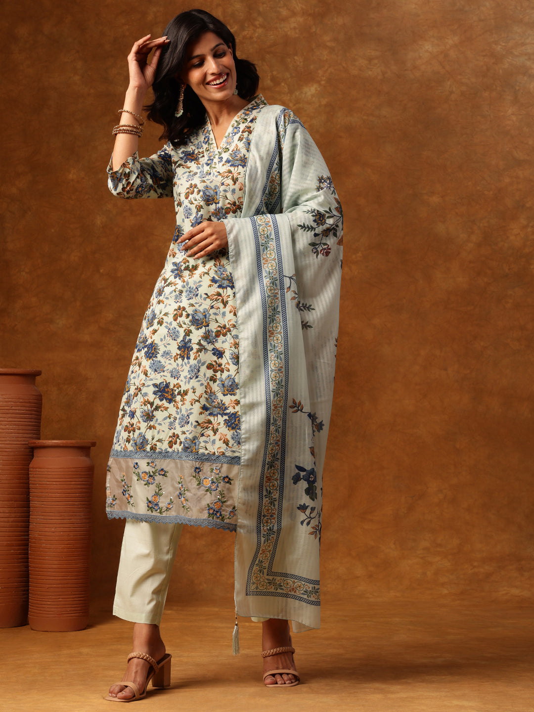 Soft Mint Elegant Floral Printed Cotton Kurta Set with Dupatta