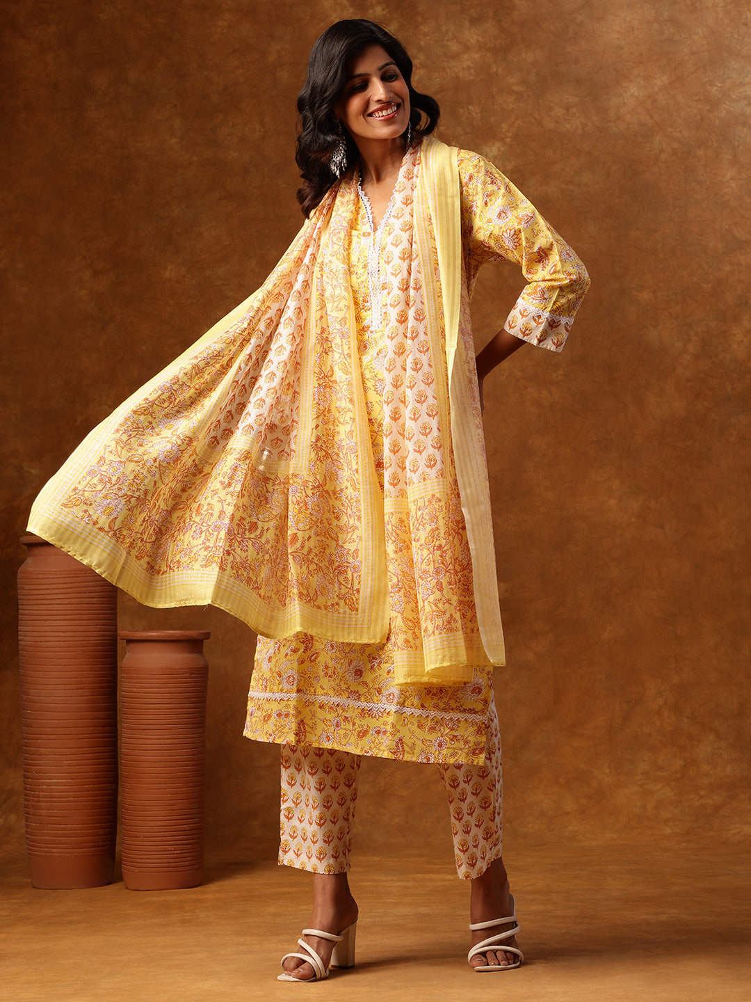 Yellow Printed Cotton Suit Set with Dupatta