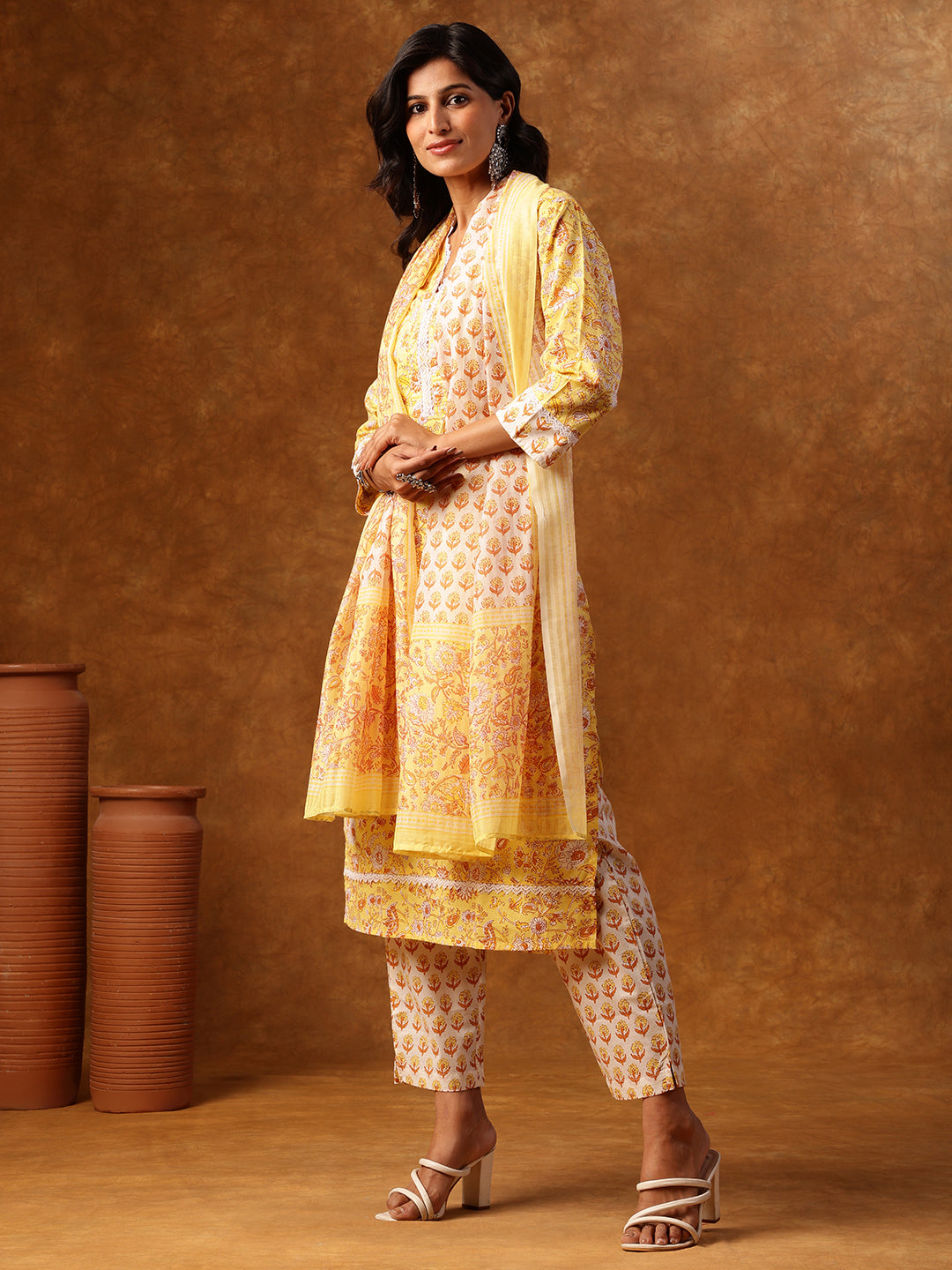 Yellow Printed Cotton Suit Set with Dupatta