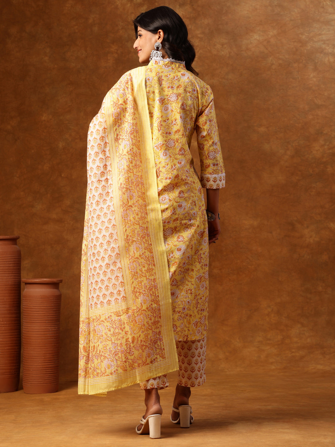 Yellow Printed Cotton Suit Set with Dupatta