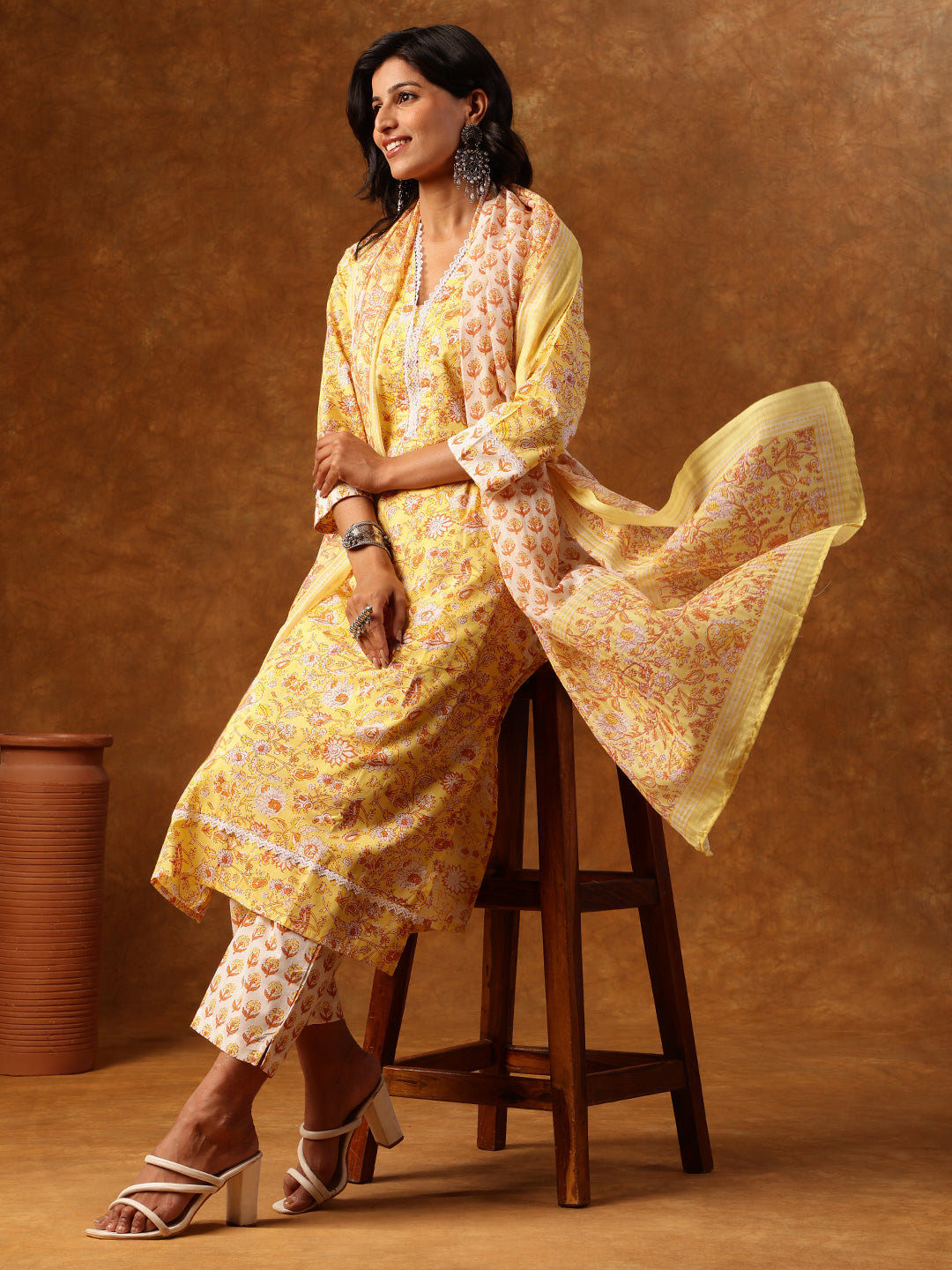 Yellow Printed Cotton Suit Set with Dupatta