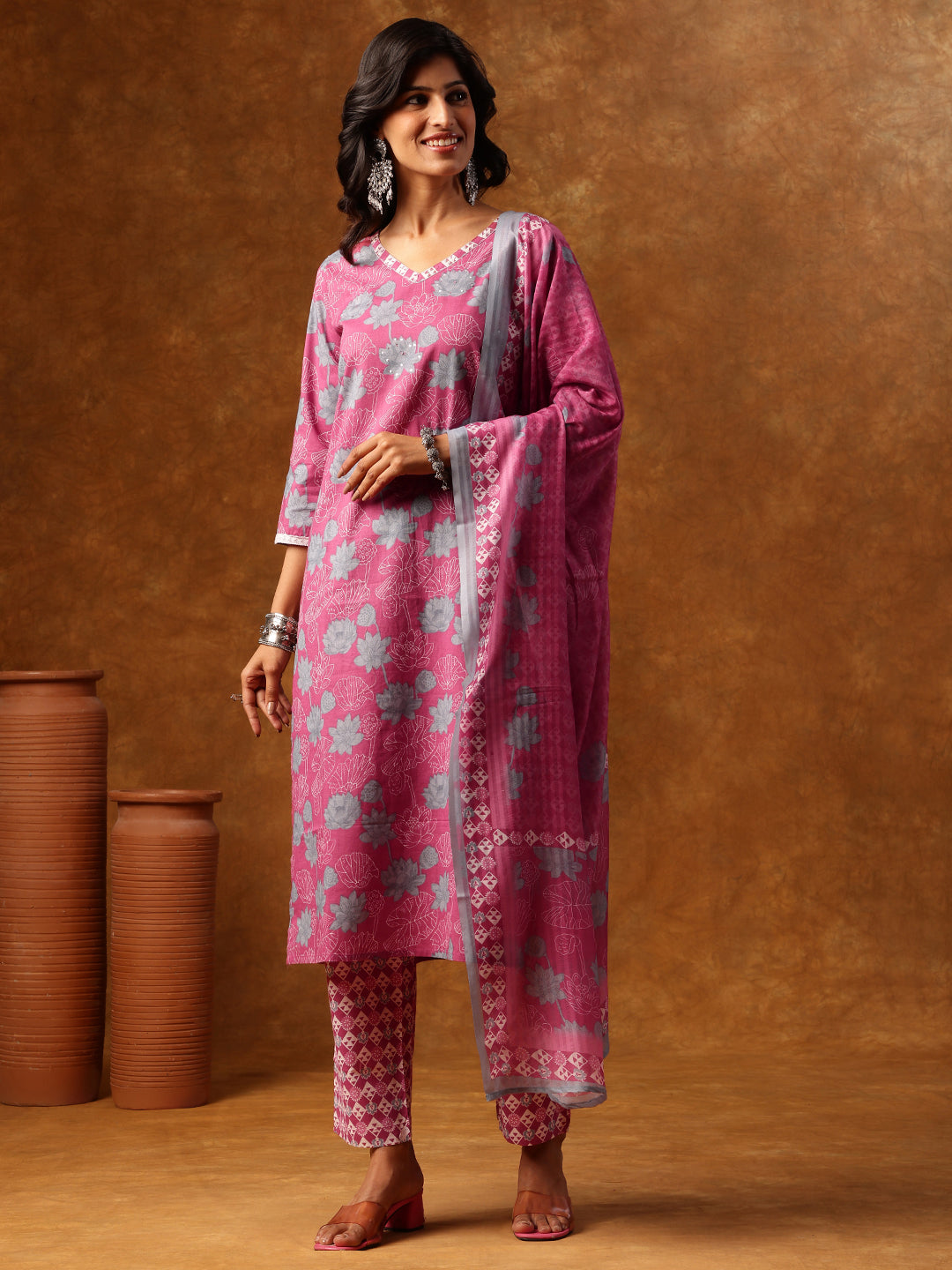 Pink Floral Printed Cotton Straight Kurta Set with Dupatta