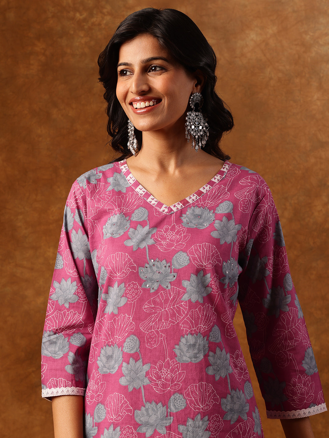 Pink Floral Printed Cotton Straight Kurta Set with Dupatta