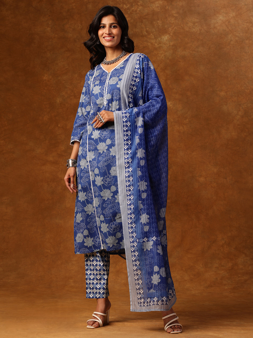 Elegant Blue Floral Printed Cotton Kurta Set with Dupatta
