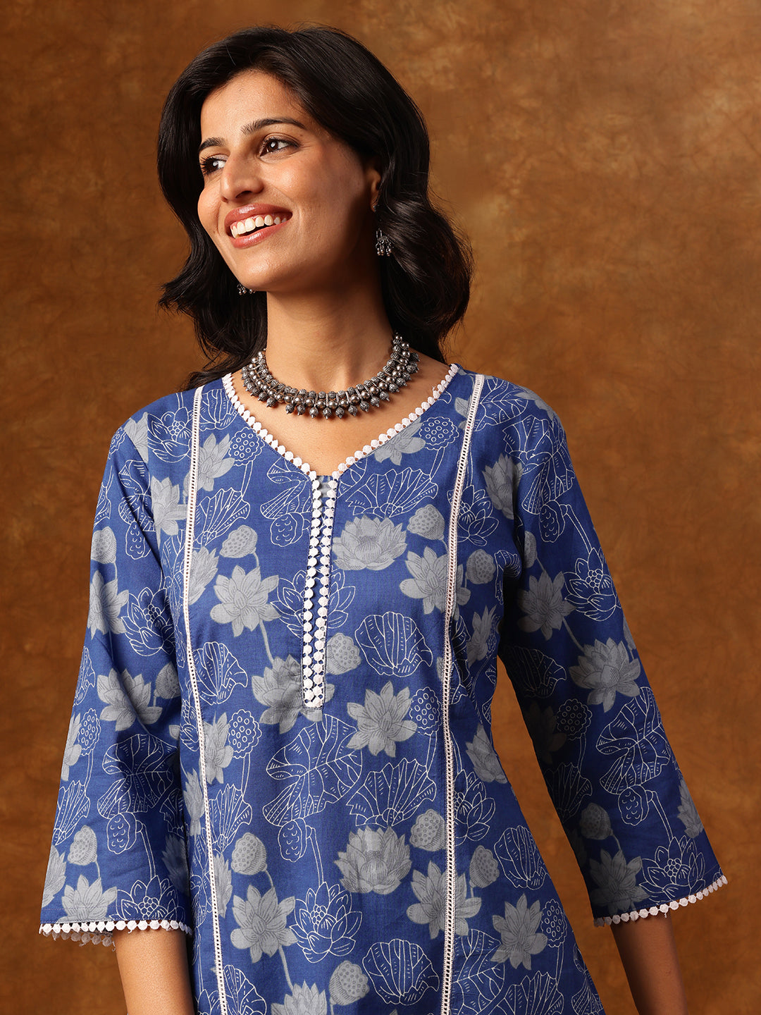 Elegant Blue Floral Printed Cotton Kurta Set with Dupatta